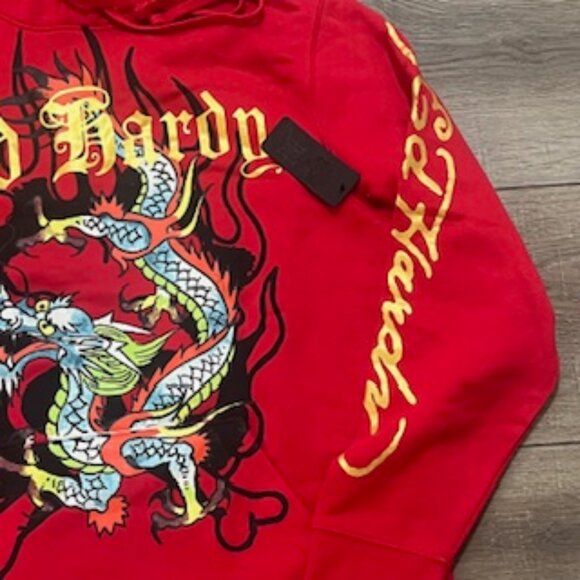 NEW Ed Hardy Tattoo Dragon Hoodie Men’s Size Large Red Sweatshirt NWT - Picture 7 of 11
